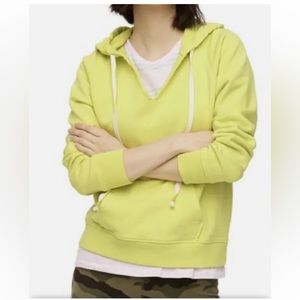 J.Crew Garment Dyed Neon Yellow Green V-Neck Hoodie Sweatshirt Cotton Terry Sz L